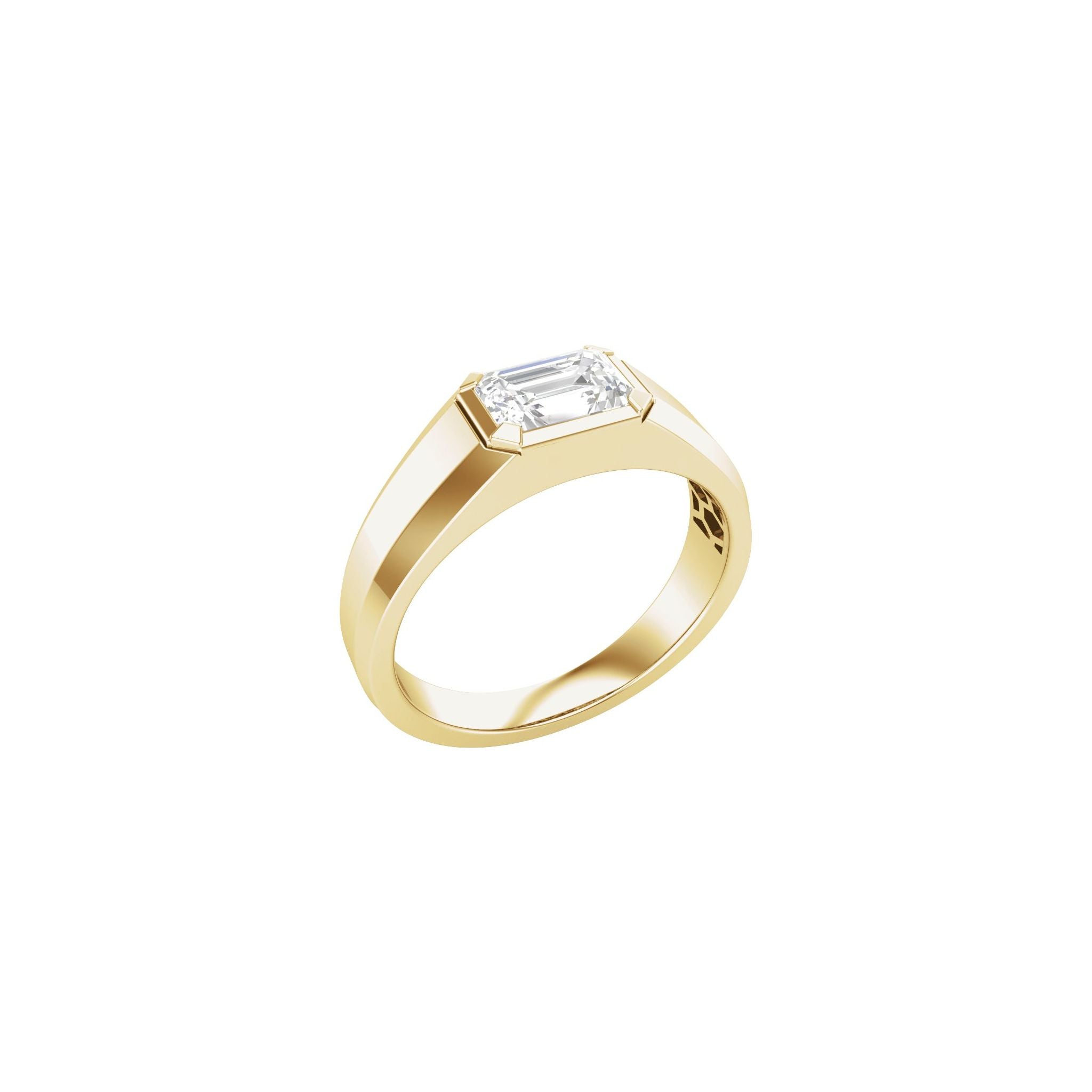 Mullein men's band with an east-west emerald-cut diamond