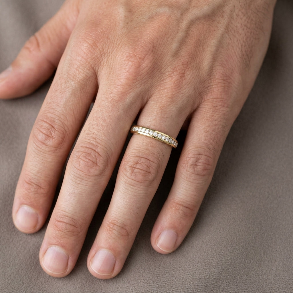 Grady — Round · 1 mm · 1/8 ctw, yellow gold, on the hand