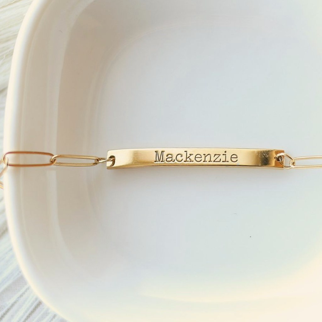 Engraved gold name bar bracelet